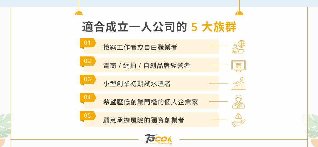 適合成立一人公司的5大族群 接案工作者或自由職業者 電商／網拍／自創品牌經營者 小型創業初期試水溫者 希望壓低創業門檻的個人企業家 願意承擔風險的獨資創業者